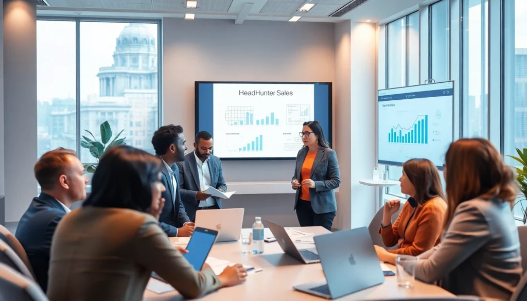 Inspirierende Besprechung zum Thema Headhunter Sales, die Teamzusammenarbeit und Strategien zeigt.