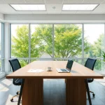 Professioneller Headhunter Mühlheim arbeitet in hell erleuchtetem Büro mit Stadtblick.