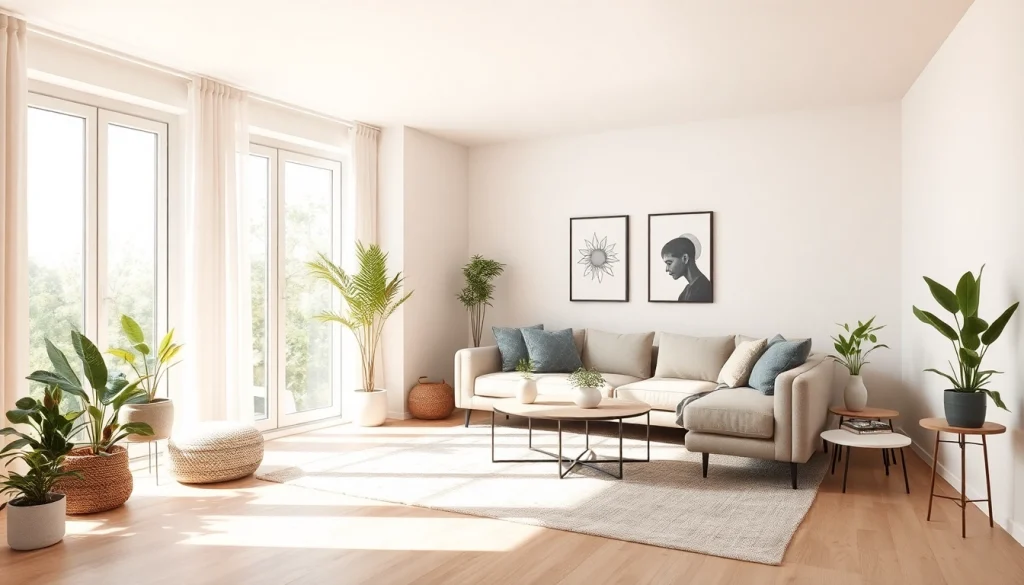 Moderne Raumgestaltung eines einladenden Wohnzimmers mit harmonischen Farben und Pflanzen.