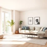 Moderne Raumgestaltung eines einladenden Wohnzimmers mit harmonischen Farben und Pflanzen.