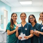 Interaktive Szene mit Pflegekräften zeigt engagierte Headhunter Pflegekräfte bei der Patientenbetreuung.