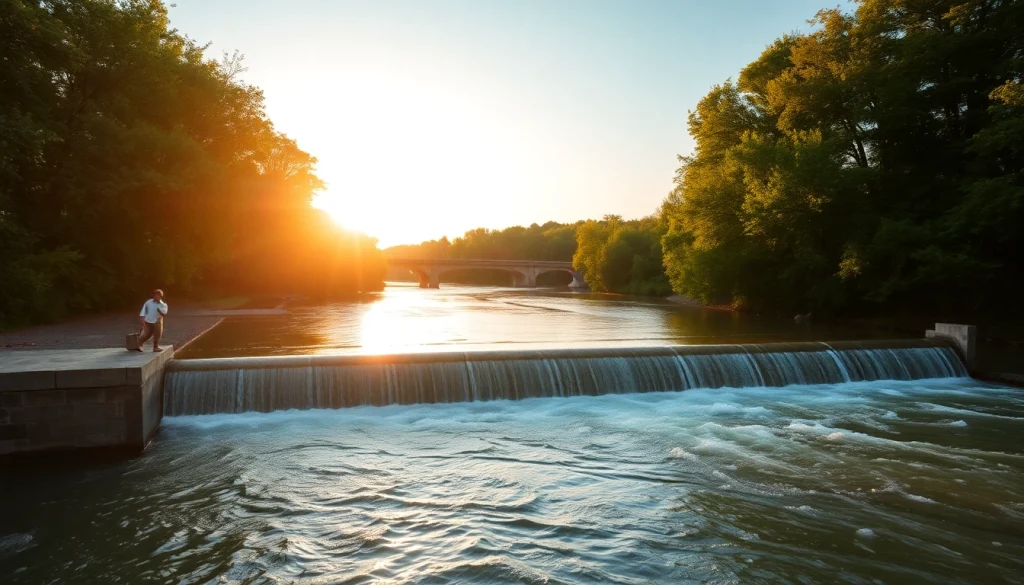 Hochwasserschutzsystem an einem Fluss mit sicherer Installation bei Sonnenaufgang.