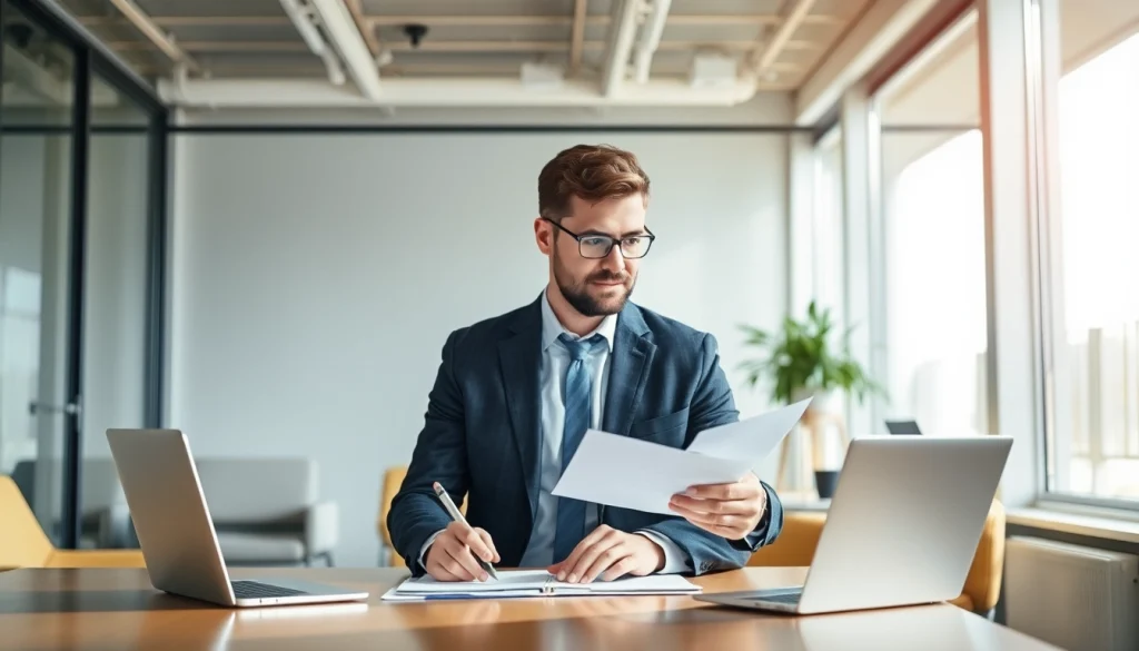 Headhunter Ingenieure diskutiert über Verträge und Unterlagen in einem modernen Büro.