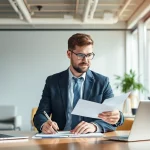 Headhunter Ingenieure diskutiert über Verträge und Unterlagen in einem modernen Büro.