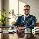 Headhunter Geschäftsführer bei der Arbeit im modernen Büro, konzentriert auf die Rekrutierung von Talenten.