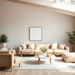 Raumgestaltung eines modernen Wohnzimmers mit natürlichem Licht und harmonischen Farben.