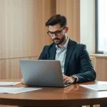 Der Headhunter CEO arbeitet konzentriert in einem stilvollen Büro und analysiert Bewerbungsunterlagen.