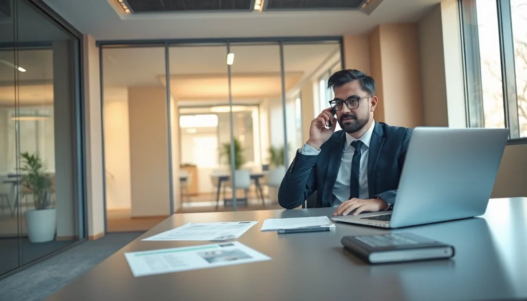 Headhunter Leverkusen telefoniert im modernen Büro mit einem Kandidaten.