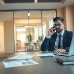 Headhunter Leverkusen telefoniert im modernen Büro mit einem Kandidaten.