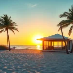 Entspanne in einem stilvollen Küsten-Cabana mit Palmen und Ozeanblick bei Sonnenuntergang.