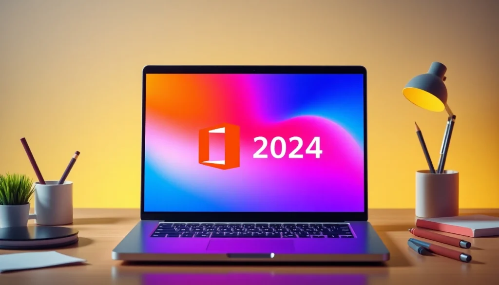 Office 2024 Pro Plus Vollversion Download auf einem Laptop, der kreative Arbeit symbolisiert.
