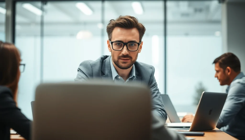 Headhunter IT berät Kandidaten am Schreibtisch in modernem Büro.