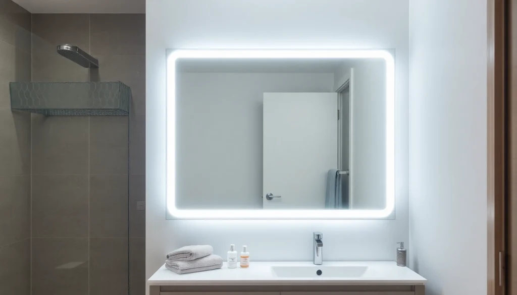 Beleuchtet den Spiegelschrank mit LED-Beleuchtung in einem modernen Badezimmer, unterstreicht elegantes Design.