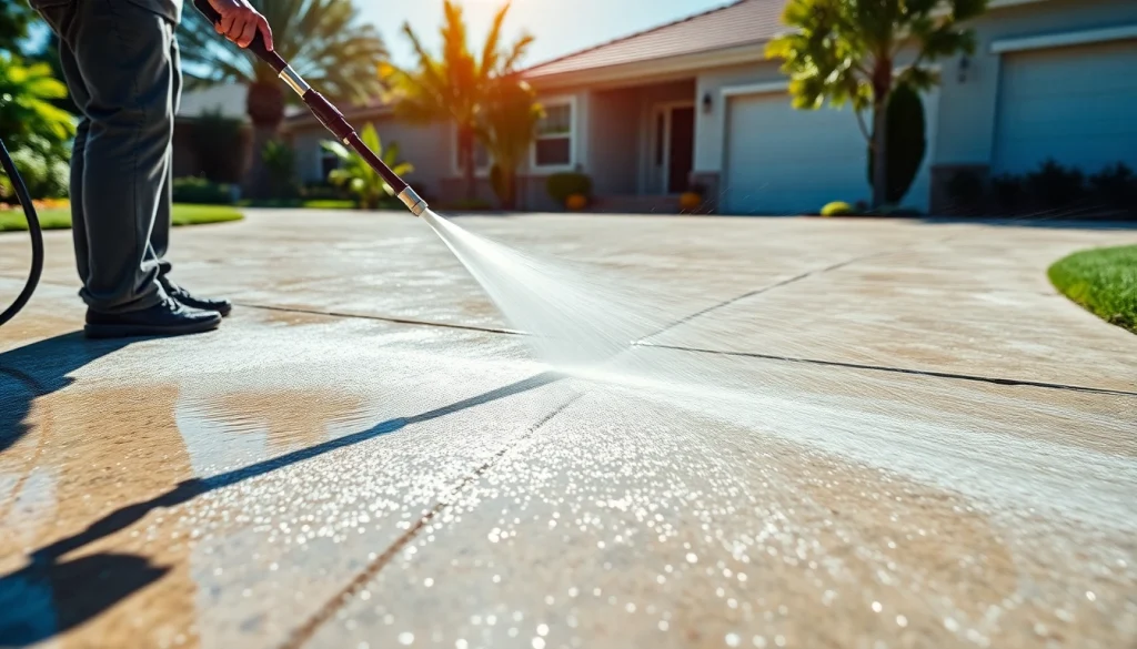 Driveway pressure wash showcasing professional cleaning service restoring surface cleanliness and enhancing curb appeal.