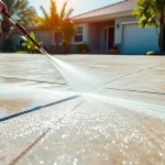 Driveway pressure wash showcasing professional cleaning service restoring surface cleanliness and enhancing curb appeal.