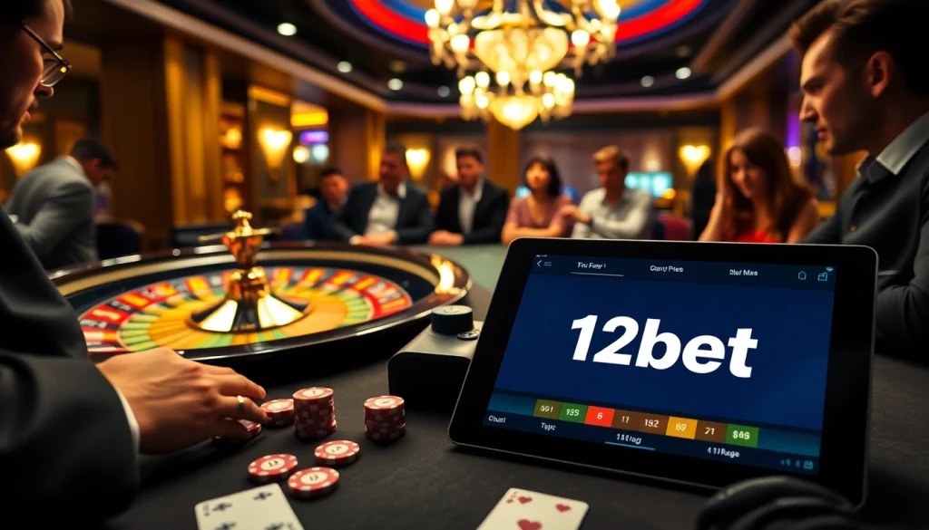 Engaging gamblers at a luxurious casino table featuring link 12bet on tablet screens.