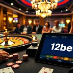 Engaging gamblers at a luxurious casino table featuring link 12bet on tablet screens.