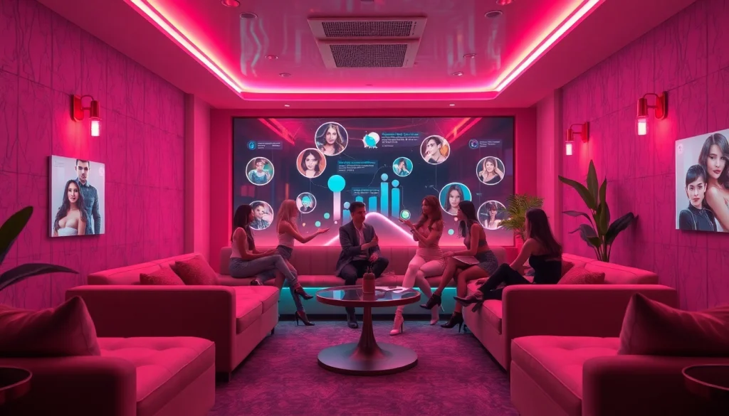 NSFW AI chat scene featuring diverse characters engaging in flirty banter, creating an inviting atmosphere. ai chat nsfw