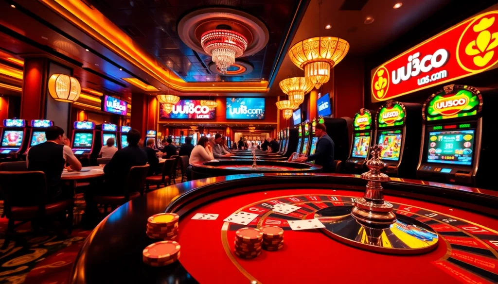 Players enjoying a thrilling game experience at uu88.com casino, featuring roulette and slot machines.