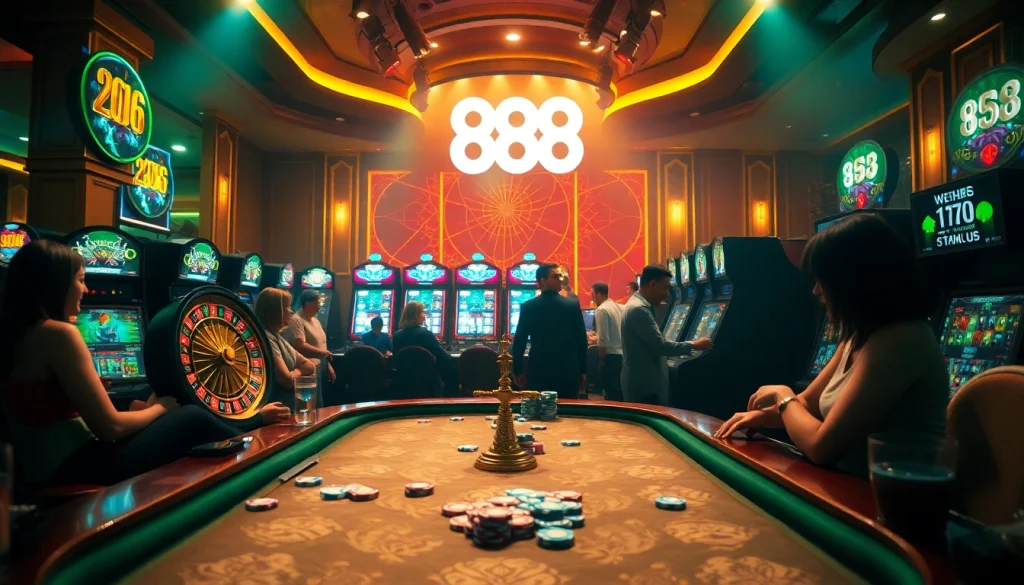 Visualize an engaging casino moment with 888 new experiences, players at tables, and vibrant slot machines.