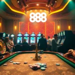 Visualize an engaging casino moment with 888 new experiences, players at tables, and vibrant slot machines.