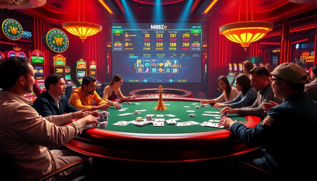 Vibrant casino scene featuring online gambling elements, emphasizing excitement and luxury, themed around https://m88zo.com/.