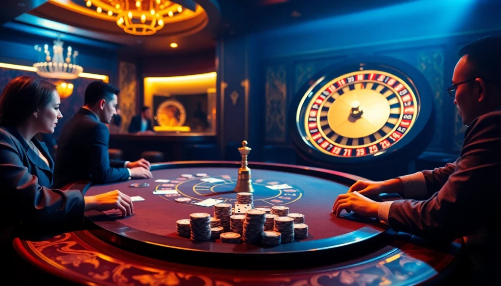 Experience thrilling gameplay at link qq88's upscale casino setting with poker chips, cards, and roulette.