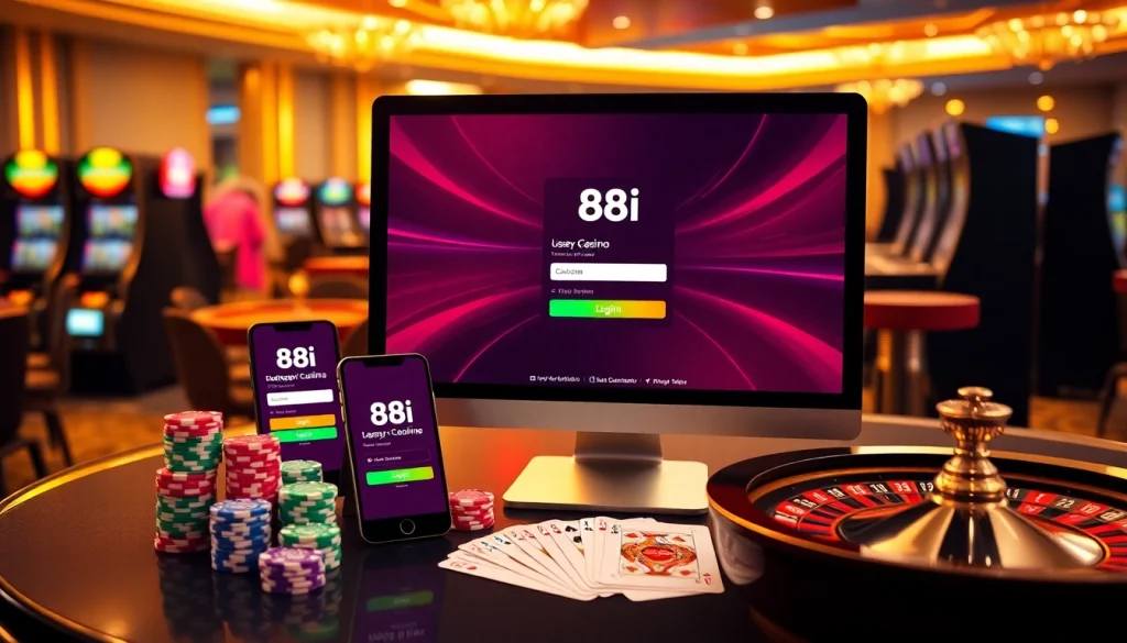 Engaging 88i đăng nhập scene with poker chips, cards, and a roulette wheel in a casino setting.