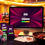 Engaging 88i đăng nhập scene with poker chips, cards, and a roulette wheel in a casino setting.