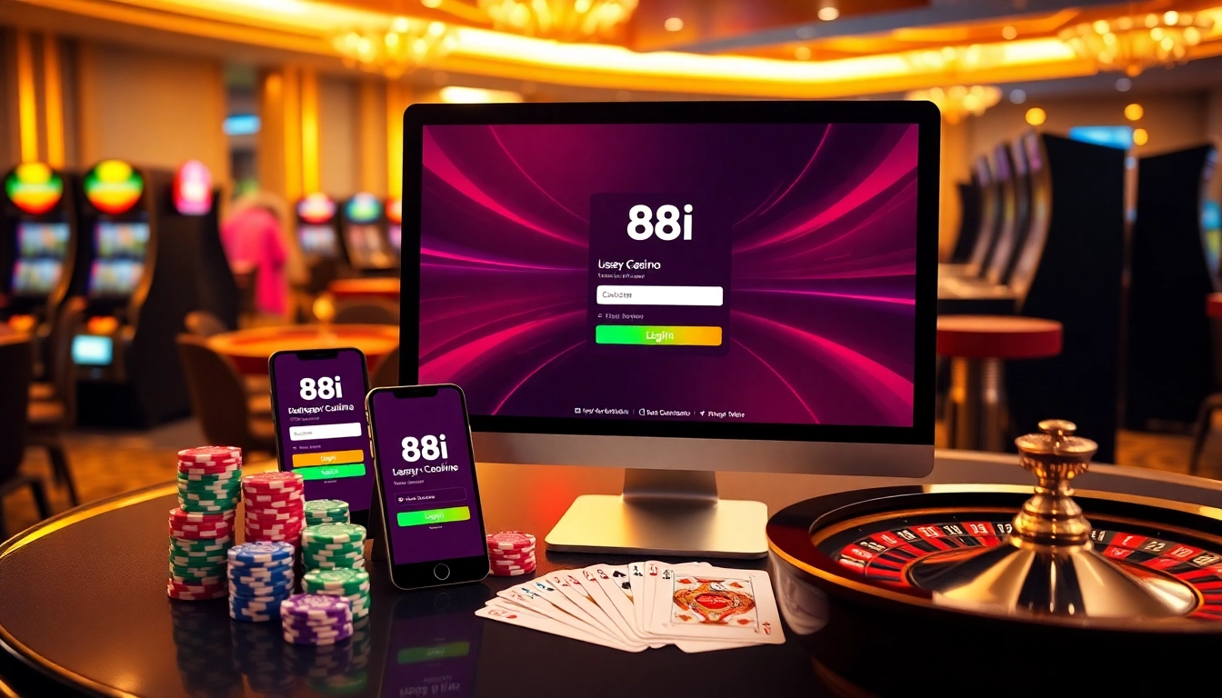Engaging 88i đăng nhập scene with poker chips, cards, and a roulette wheel in a casino setting.