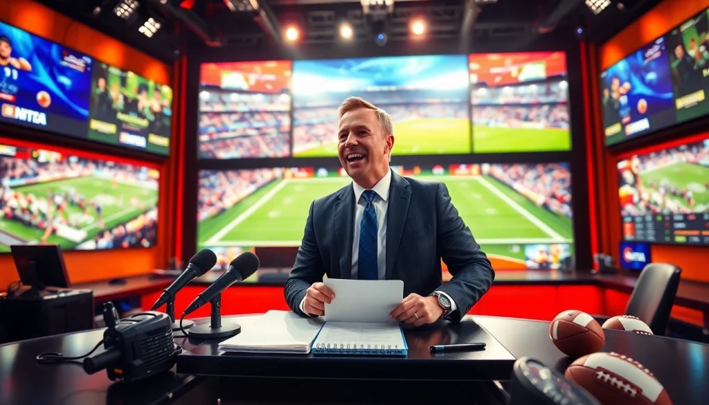 Sports Broadcasting commentator passionately delivering live coverage in a dynamic studio.