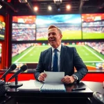 Sports Broadcasting commentator passionately delivering live coverage in a dynamic studio.