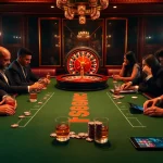 Intense poker game at a luxurious casino table with rikvip branding, exuding thrill and professionalism.