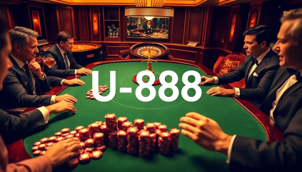 Gameplay at U 888 casino with professional players at a high-stakes poker table.