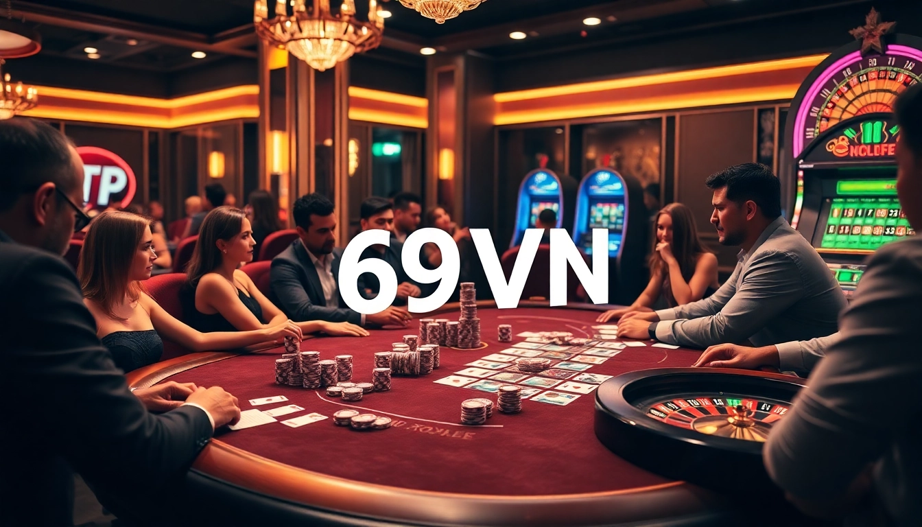 An exciting casino scene featuring 69VN with poker, roulette, and engaged gamblers.