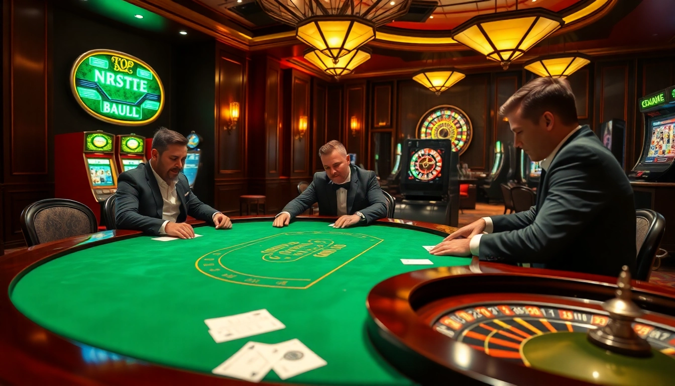 Experience the excitement of Plagiat Tester amidst a vibrant casino setting, featuring poker games and roulette.