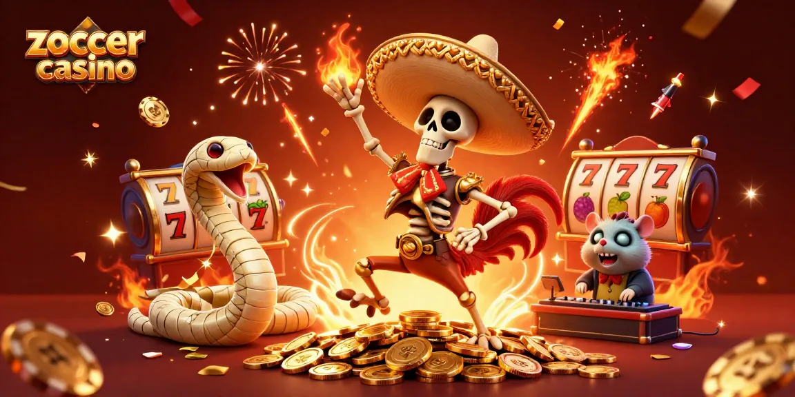 Zoccer casino celebrates with a vibrant scene featuring a mariachi rooster dancing on gold coins amidst exciting slot game elements.