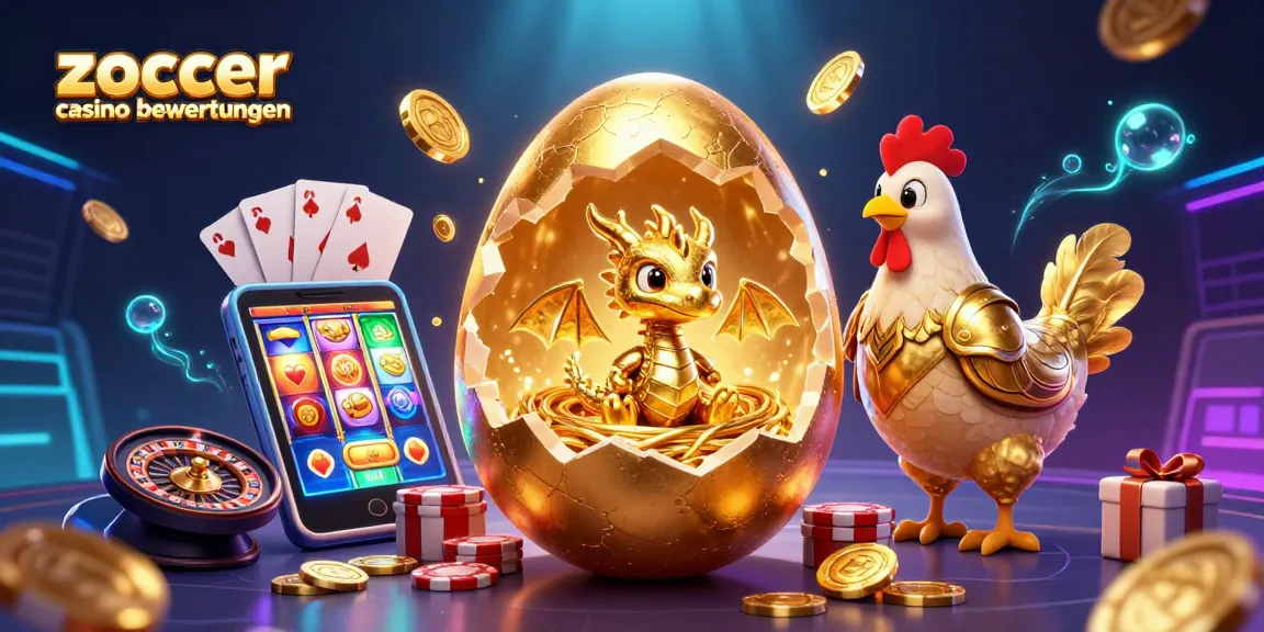 Zoccer casino bewertungen showcase, featuring a golden baby dragon on poker chips amidst vibrant slot game elements.